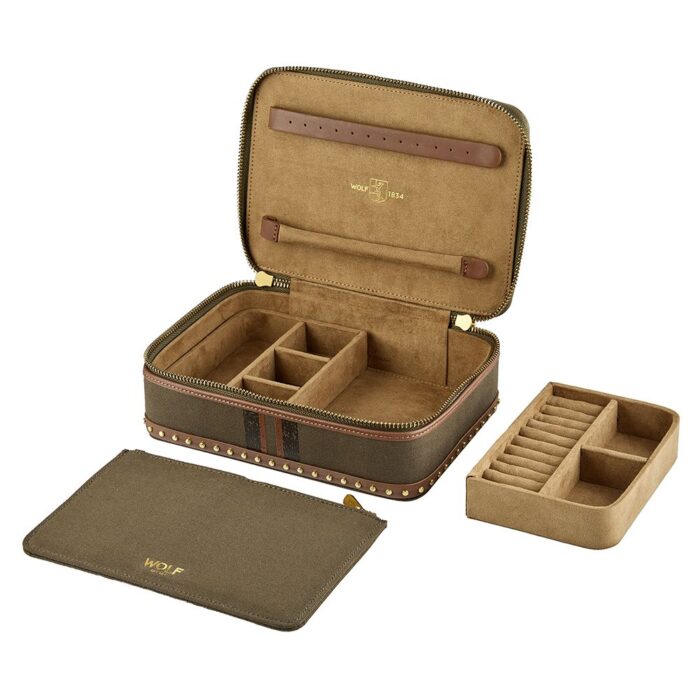 wolf travel zip jewellery case ida khaki details Watch Winders, Watch Boxes & Watch Safes WOLF Travel Zip Jewellery Case Ida Khaki