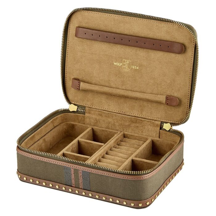 wolf travel zip jewellery case ida khaki open Watch Winders, Watch Boxes & Watch Safes WOLF Travel Zip Jewellery Case Ida Khaki