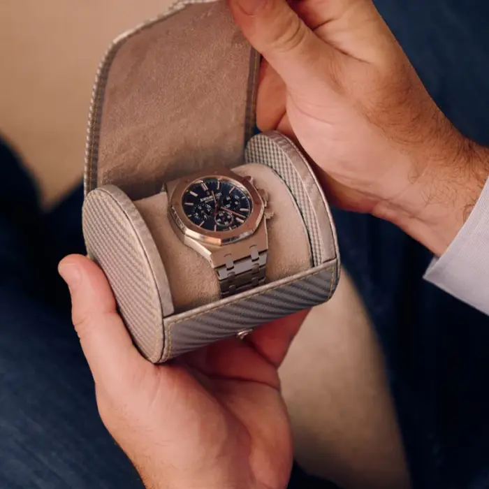 rapport single watch roll carbon silver 2 Watch Winders, Watch Boxes & Watch Safes Rapport Single Watch Roll Carbon Silver