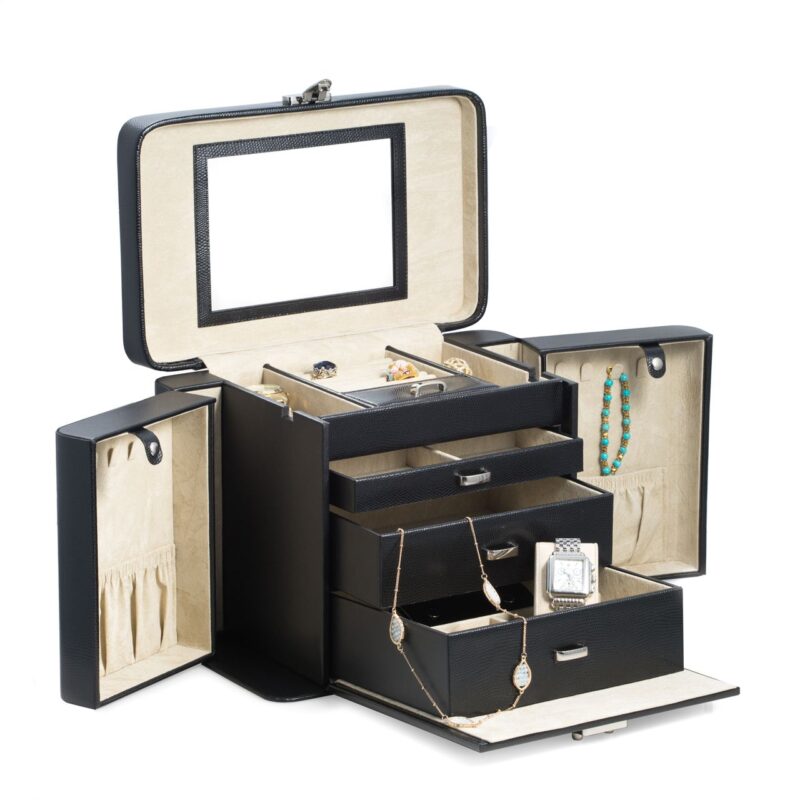 bey berk 4 level jewelry box black lizard leather 0 Watch Winders, Watch Boxes & Watch Safes Watch Winders, Watch Boxes & Watch Safes