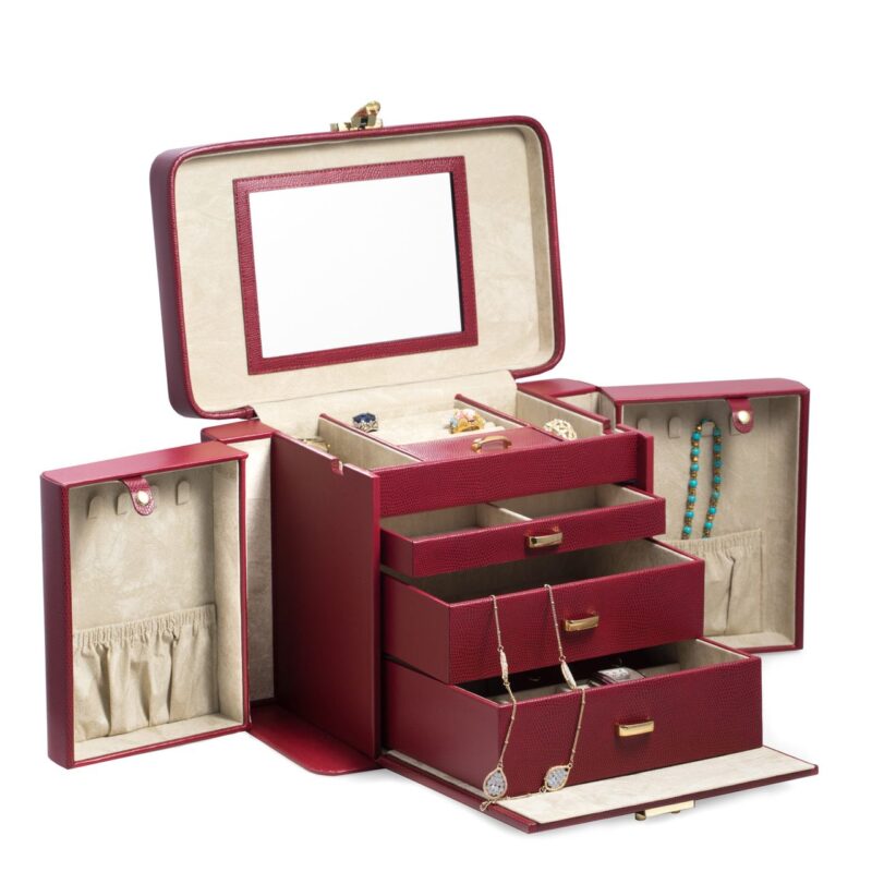 bey berk 4 level jewelry box red lizard leather 0 Watch Winders, Watch Boxes & Watch Safes Watch Winders, Watch Boxes & Watch Safes