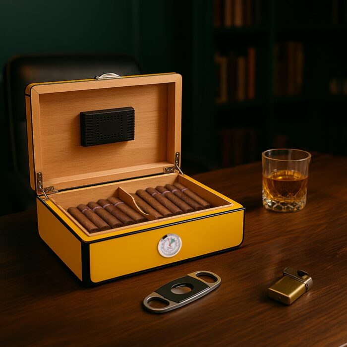 bey berk 25 cigar humidor carbon fiber yellow lacquered wood 000000 Watch Winders, Watch Boxes & Watch Safes Bey Berk 25 Cigar Humidor Carbon Fiber & Yellow Lacquered Wood