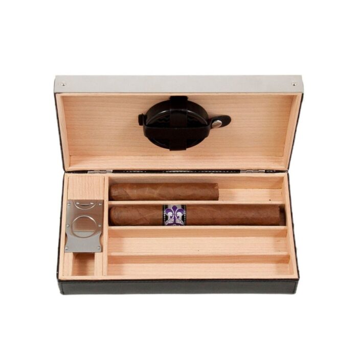 bey berk 4 cigar humidor black leather with stainless steel cutter 01 Watch Winders, Watch Boxes & Watch Safes Bey Berk 4 Cigar Humidor Black Leather with Stainless Steel Cutter