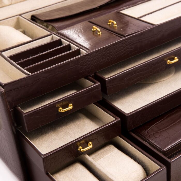 bey berk jewelry chest with multi levels brown croco leather 00 Watch Winders, Watch Boxes & Watch Safes Bey Berk Jewelry Chest with Multi Levels Brown Croco Leather