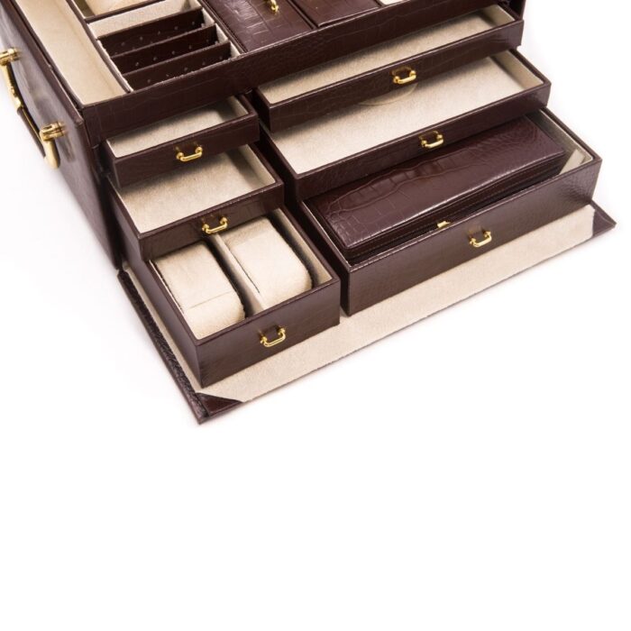 bey berk jewelry chest with multi levels brown croco leather 000 Watch Winders, Watch Boxes & Watch Safes Bey Berk Jewelry Chest with Multi Levels Brown Croco Leather