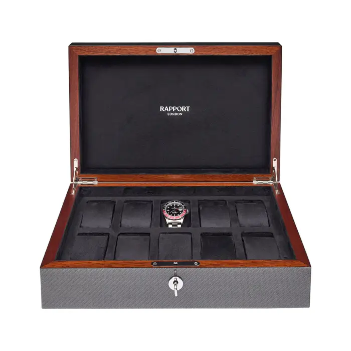 rapport 10 piece watch box carbon fibre l285 Watch Winders, Watch Boxes & Watch Safes Rapport 10 Piece Watch Box Carbon Fibre L285