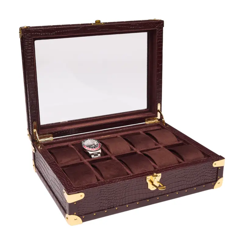 rapport brompton optic 10 piece watch box brown l283 side Watch Winders, Watch Boxes & Watch Safes Rapport Brompton Optic 10 Piece Watch Box Brown L283