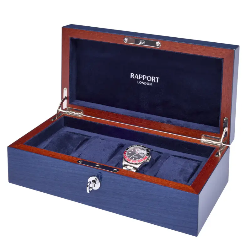 rapport heritage chroma 4 piece watch box navy l408 side Watch Winders, Watch Boxes & Watch Safes Rapport Heritage Chroma 4 Piece Watch Box Navy L408