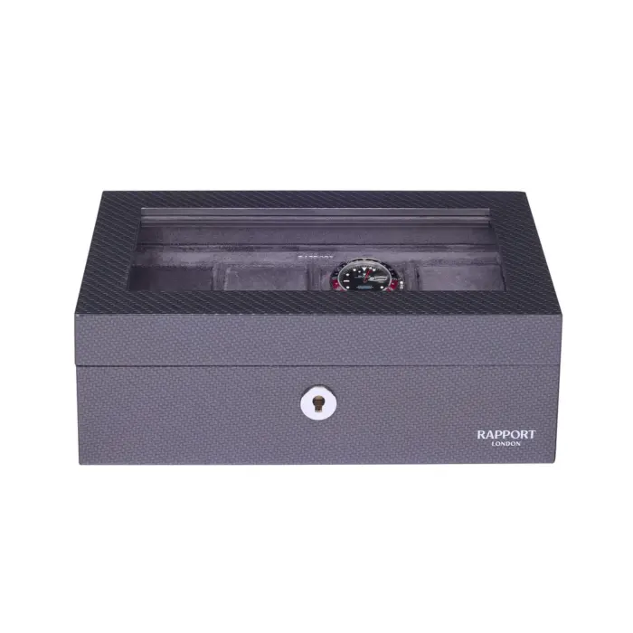 rapport optic 4 piece watch box carbon fibre l286 closed Watch Winders, Watch Boxes & Watch Safes Rapport Optic 4 Piece Watch Box Carbon Fibre L286