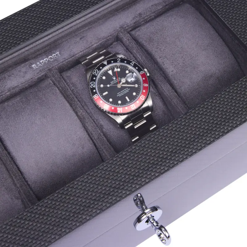 rapport optic 4 piece watch box carbon fibre l286 closeup Watch Winders, Watch Boxes & Watch Safes Rapport Optic 4 Piece Watch Box Carbon Fibre L286