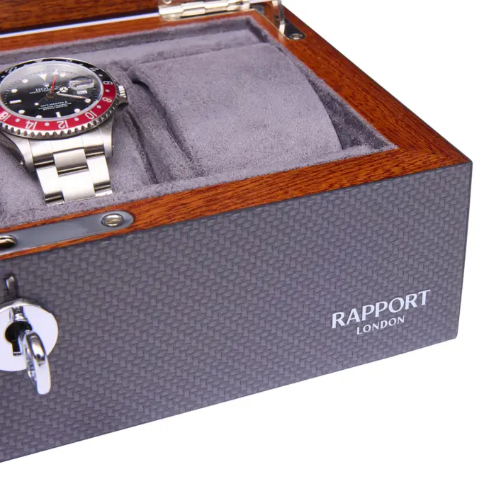 rapport optic 4 piece watch box carbon fibre l286 detail Watch Winders, Watch Boxes & Watch Safes Rapport Optic 4 Piece Watch Box Carbon Fibre L286