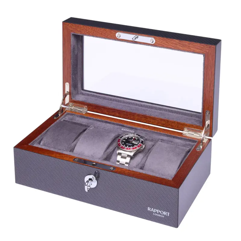 rapport optic 4 piece watch box carbon fibre l286 side Watch Winders, Watch Boxes & Watch Safes Rapport Optic 4 Piece Watch Box Carbon Fibre L286