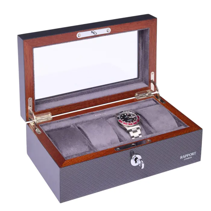 rapport optic 4 piece watch box carbon fibre l286 side1 Watch Winders, Watch Boxes & Watch Safes Rapport Optic 4 Piece Watch Box Carbon Fibre L286