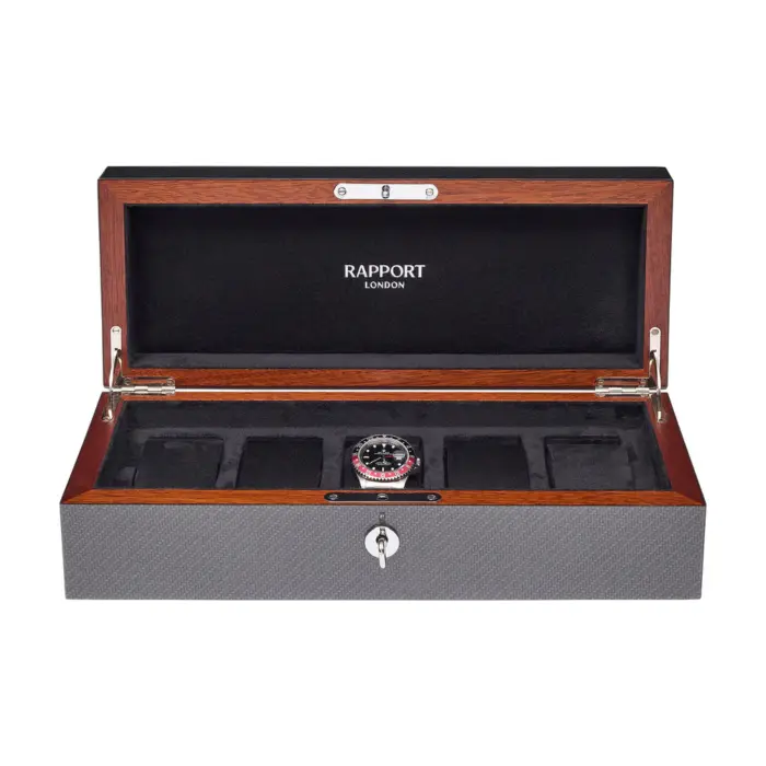 rapport optic 5 piece watch box carbon fibre l284 Watch Winders, Watch Boxes & Watch Safes Rapport Optic 5 Piece Watch Box Carbon Fibre L284