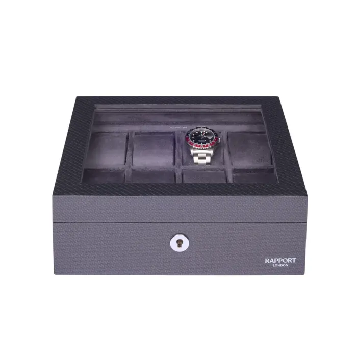 rapport optic 8 piece watch box carbon fibre l287 closed Watch Winders, Watch Boxes & Watch Safes Rapport Optic 8 Piece Watch Box Carbon Fibre L287