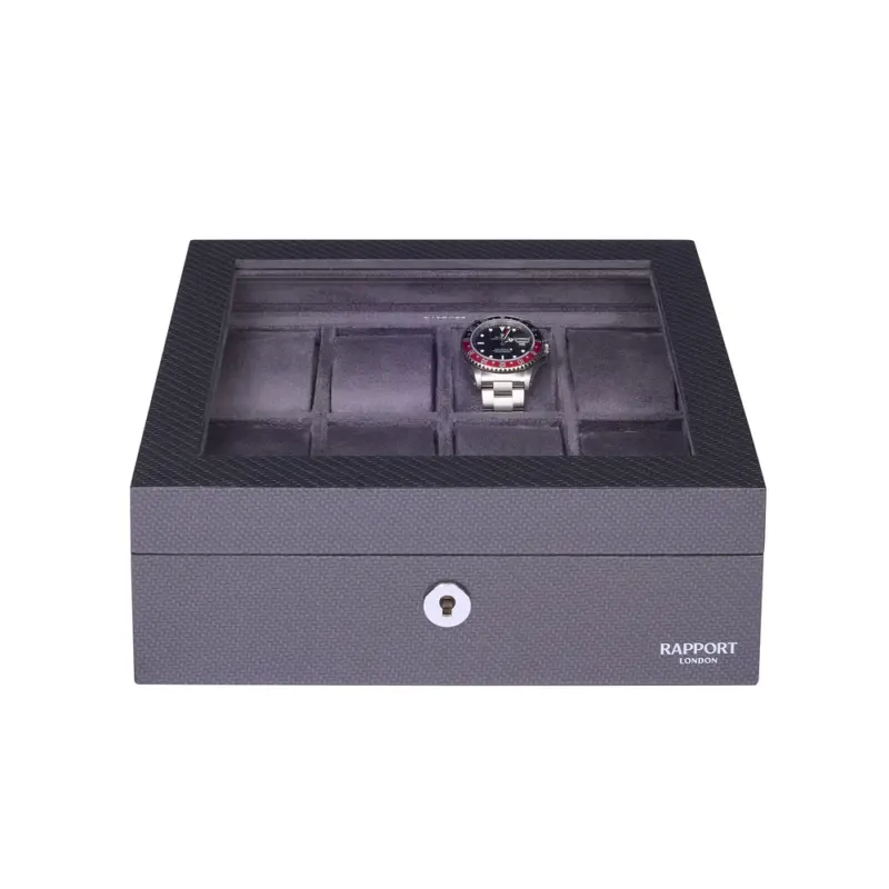 rapport optic 8 piece watch box carbon fibre l287 closed Watch Winders, Watch Boxes & Watch Safes Watch Winders, Watch Boxes & Watch Safes