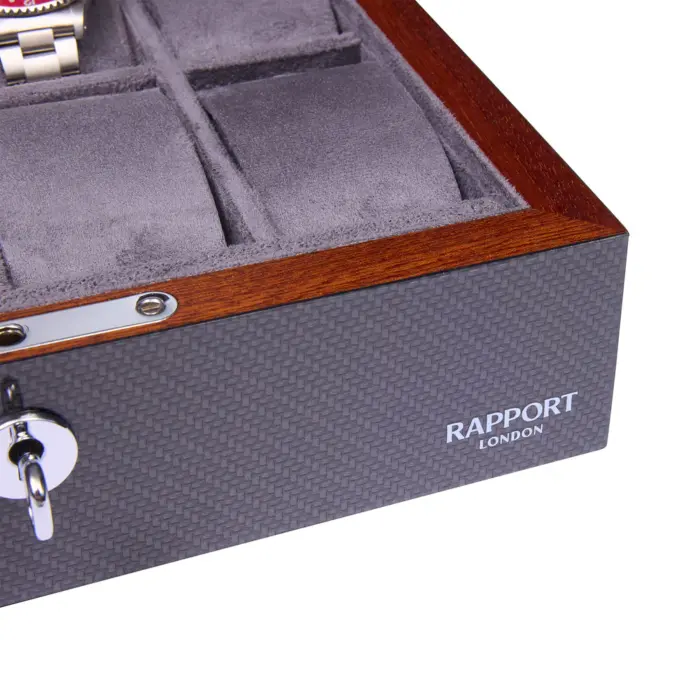 rapport optic 8 piece watch box carbon fibre l287 detail Watch Winders, Watch Boxes & Watch Safes Rapport Optic 8 Piece Watch Box Carbon Fibre L287