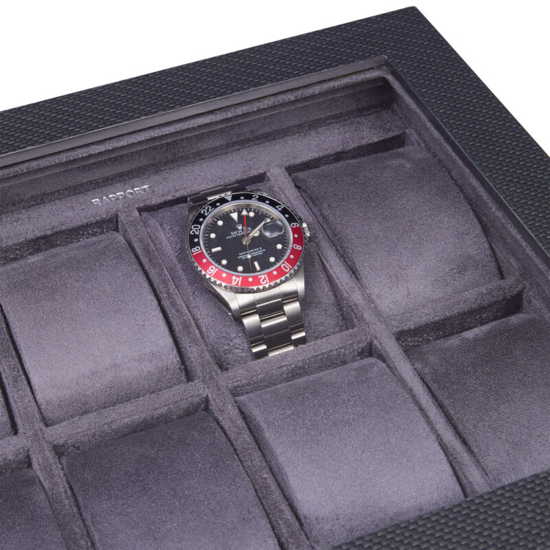 rapport optic 8 piece watch box carbon fibre l287 detail1 Watch Winders, Watch Boxes & Watch Safes Rapport Optic 8 Piece Watch Box Carbon Fibre L287