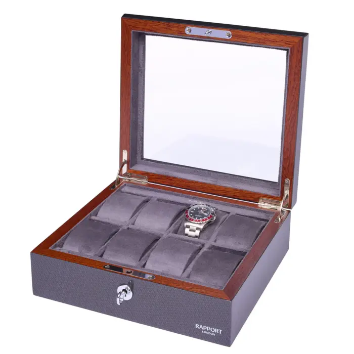 rapport optic 8 piece watch box carbon fibre l287 side Watch Winders, Watch Boxes & Watch Safes Rapport Optic 8 Piece Watch Box Carbon Fibre L287