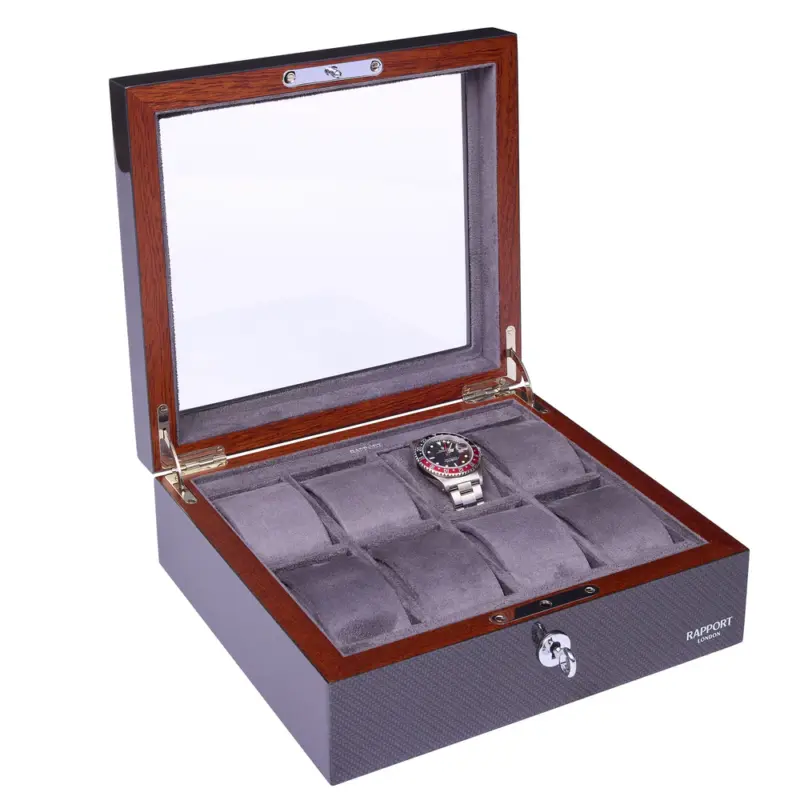 rapport optic 8 piece watch box carbon fibre l287 side1 Watch Winders, Watch Boxes & Watch Safes Rapport Optic 8 Piece Watch Box Carbon Fibre L287