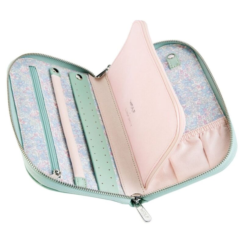 wolf x liberty travel jewellery portfolio julia interior print sage green 1 Watch Winders, Watch Boxes & Watch Safes WOLF X LIBERTY Travel Jewellery Portfolio Julia Interior Print Sage Green