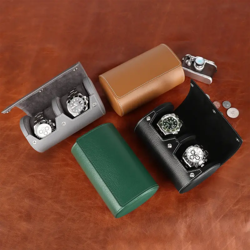 IMG 2128 Watch Winders, Watch Boxes & Watch Safes Double Watch Roll Watch Travel Case Gray Microfiber Leather