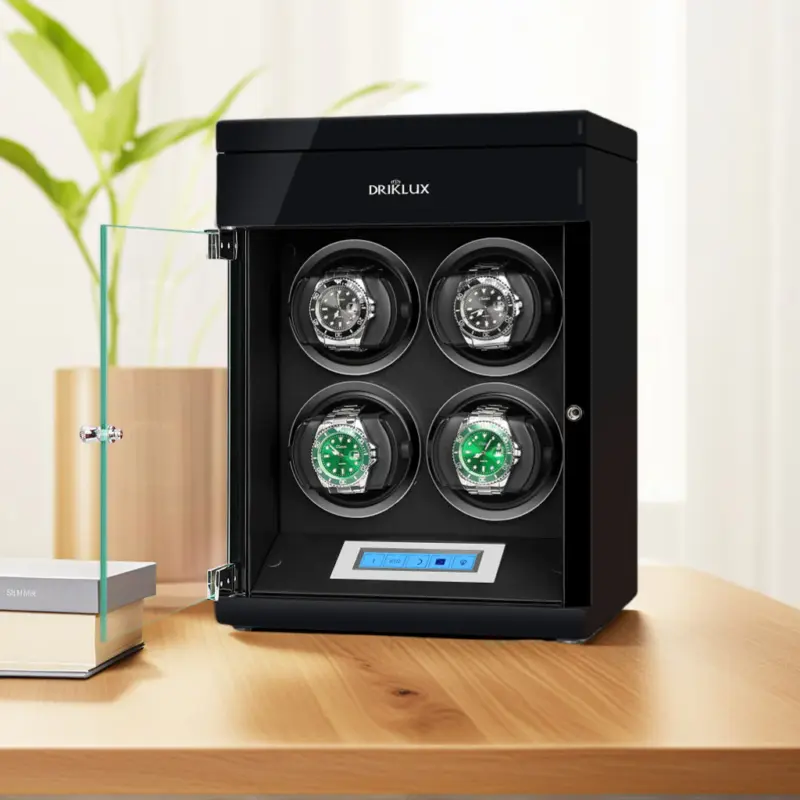 quad watch winder box with extra top drawer black deco main Watch Winders, Watch Boxes & Watch Safes Quad Watch Winder Box with Extra Top Drawer Black Deco