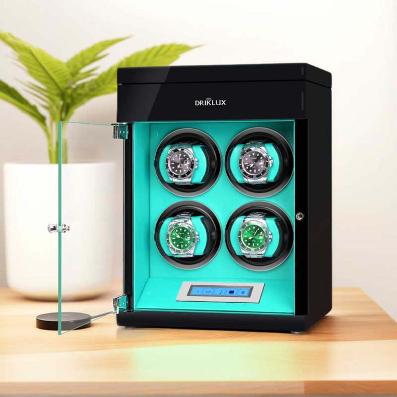 quad watch winder box with extra top drawer blue deco main Watch Winders, Watch Boxes & Watch Safes Quad Watch Winder Box with Extra Top Drawer Blue Deco