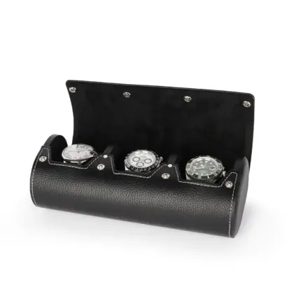 Triple Watch Roll Watch Travel Case Black Genuine Leather