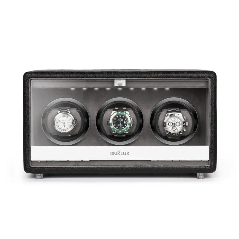 Triple Watch Winder Black Microfiber Leather 3 triple watch winder black microfiber leather front Watch Winders, Watch Boxes & Watch Safes Triple Watch Winder Black Microfiber Leather