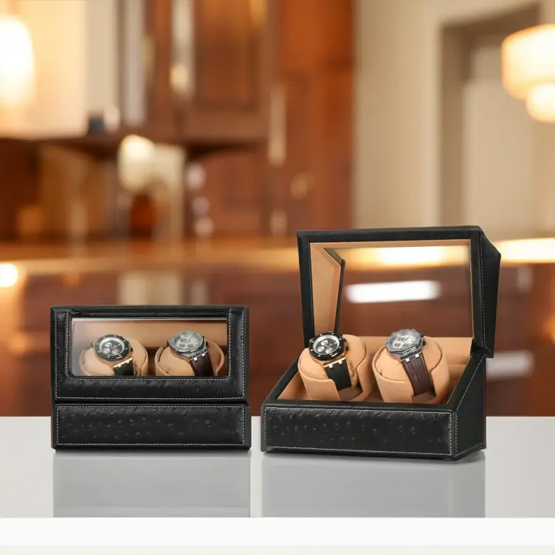 Driklux Double Watch Winder In Ostrich Leather Texture With See-Through Window Black 2 driklux double watch winder in ostrich leather texture with see through window black Watch Winders, Watch Boxes & Watch Safes Driklux Double Watch Winder In Ostrich Leather Texture With See-Through Window Black