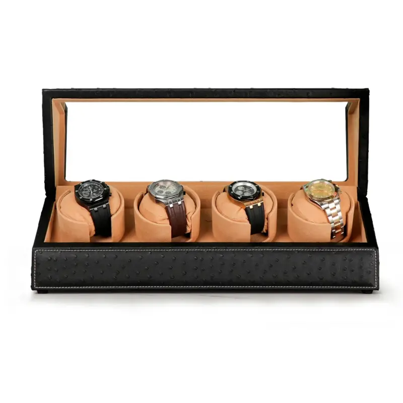 Driklux Quad Watch Winder In Ostrich Leather Texture With See-Through Window Black 1 driklux quad watch winder in ostrich leather texture with see through window black 02 1 Watch Winders, Watch Boxes & Watch Safes Driklux Quad Watch Winder In Ostrich Leather Texture With See-Through Window Black