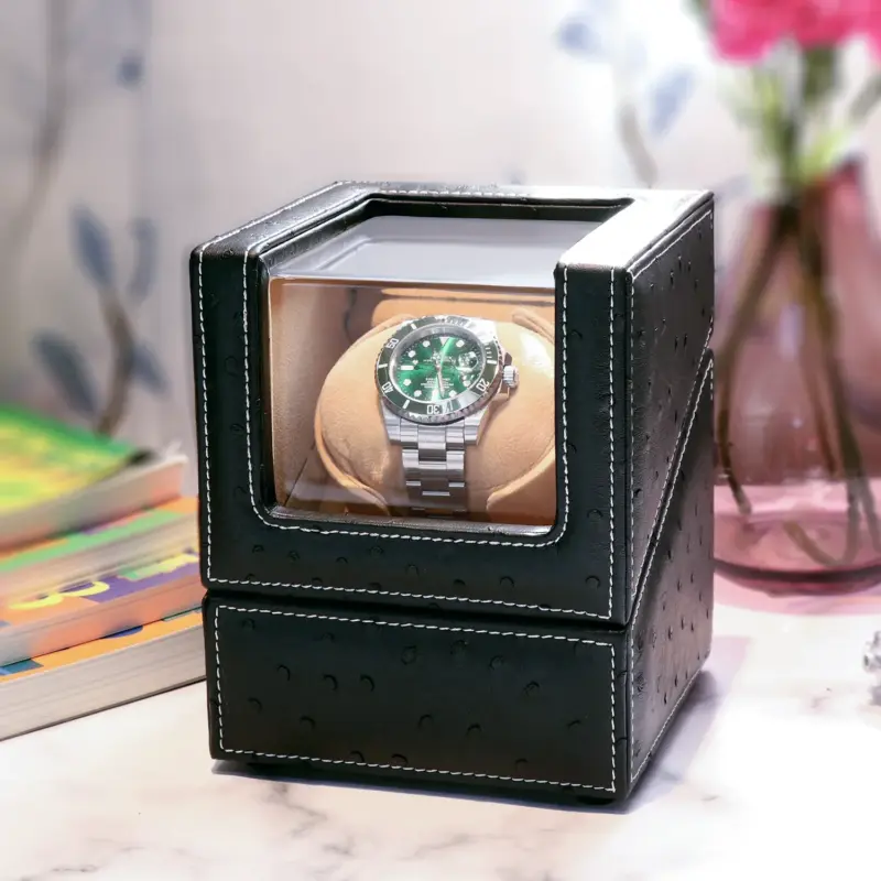 driklux single watch winder in ostrich leather texture with see through window black 0 Watch Winders, Watch Boxes & Watch Safes Driklux Single Watch Winder In Ostrich Leather Texture With See-Through Window Black