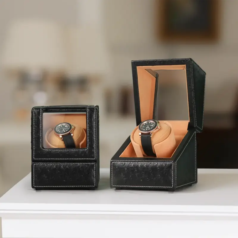 driklux single watch winder in ostrich leather texture with see through window black Watch Winders, Watch Boxes & Watch Safes Driklux Single Watch Winder In Ostrich Leather Texture With See-Through Window Black