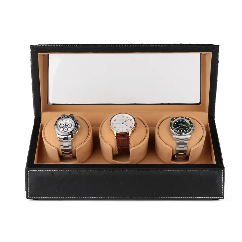 driklux triple watch winder in ostrich leather texture with see through window black 0 Watch Winders, Watch Boxes & Watch Safes Driklux Triple Watch Winder In Ostrich Leather Texture With See-Through Window Black