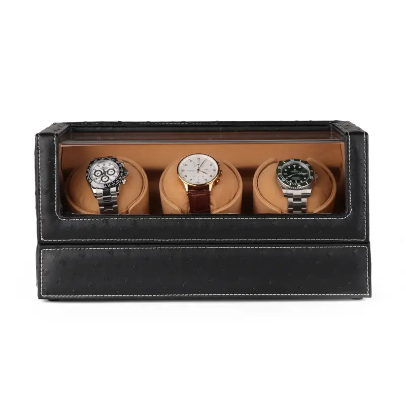 driklux triple watch winder in ostrich leather texture with see through window black Watch Winders, Watch Boxes & Watch Safes Driklux Triple Watch Winder In Ostrich Leather Texture With See-Through Window Black