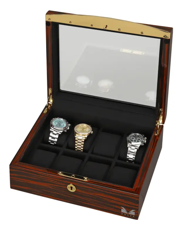 volta 8 watch box ebony wood with gold accents and black suede interior 01 Watch Winders, Watch Boxes & Watch Safes Watch Winders, Watch Boxes & Watch Safes