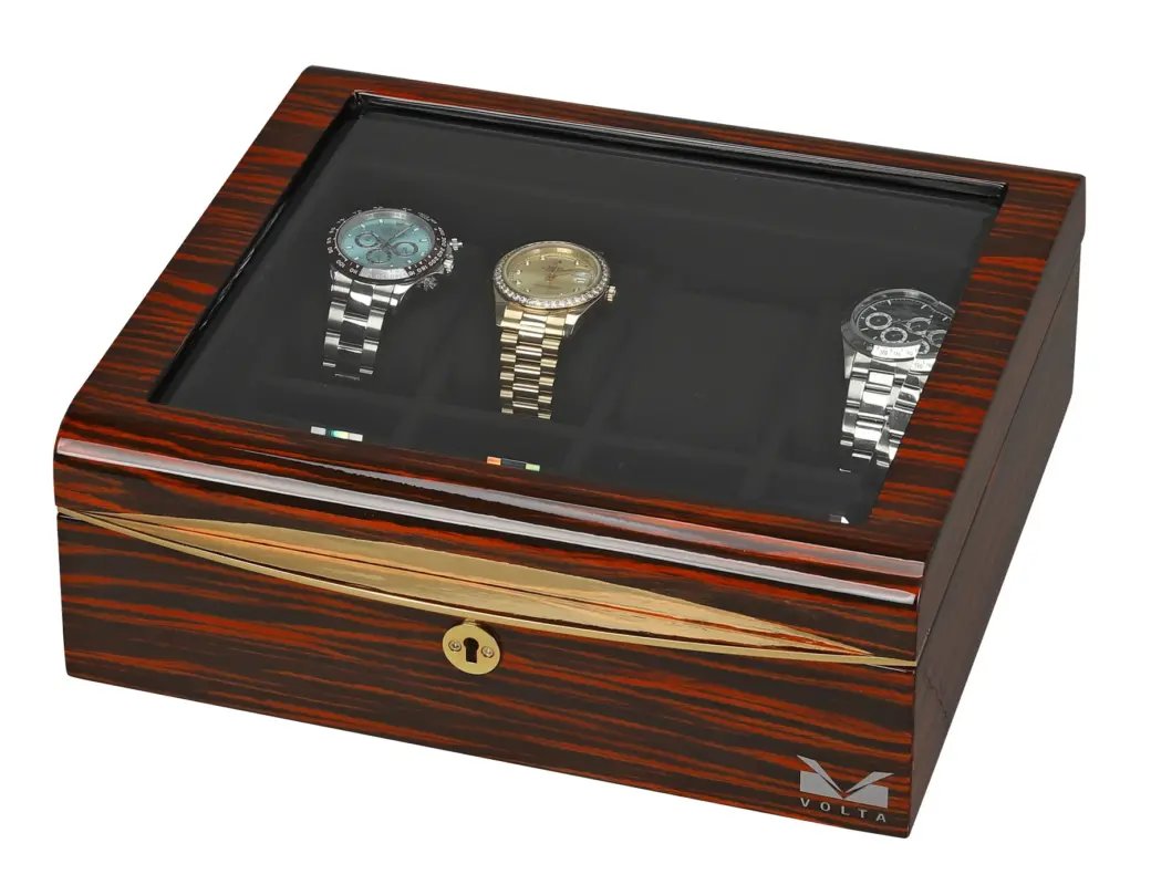 volta 8 watch box ebony wood with gold accents and black suede interior 02 Watch Winders, Watch Boxes & Watch Safes Watch Winders, Watch Boxes & Watch Safes