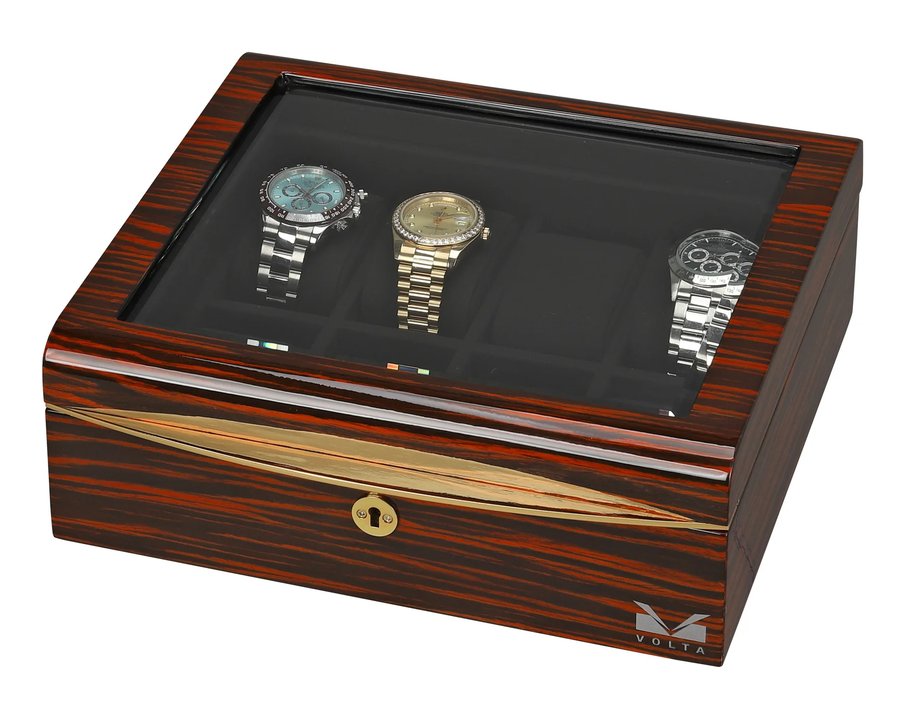 volta-8-watch-box-ebony-wood-with-gold-accents-and-black-suede-interior-02 volta 8 watch box ebony wood with gold accents and black suede interior 02 Watch Winders, Watch Boxes & Watch Safes Volta 8 Watch Box Ebony Wood with Gold Accents and Black Suede Interior