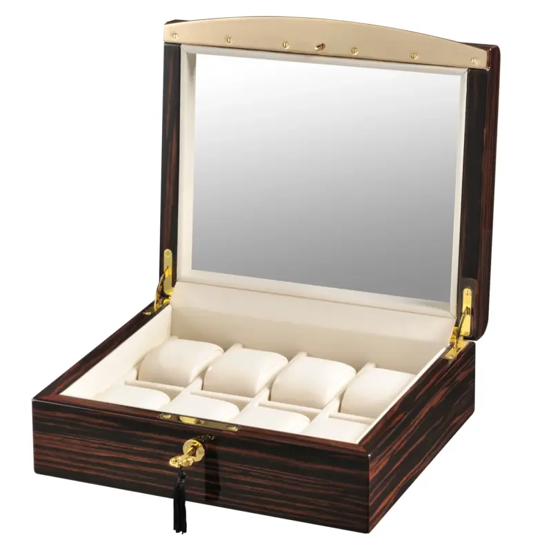 volta 8 watch box ebony wood with gold accents and cream suede interior 00 Watch Winders, Watch Boxes & Watch Safes Watch Winders, Watch Boxes & Watch Safes