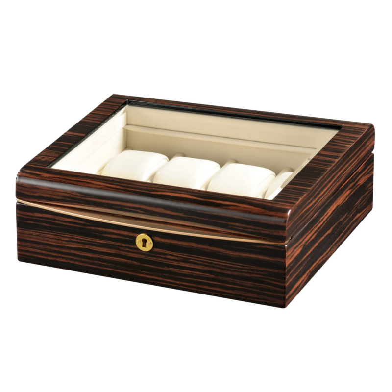 volta 8 watch box ebony wood with gold accents and cream suede interior Watch Winders, Watch Boxes & Watch Safes Watch Winders, Watch Boxes & Watch Safes