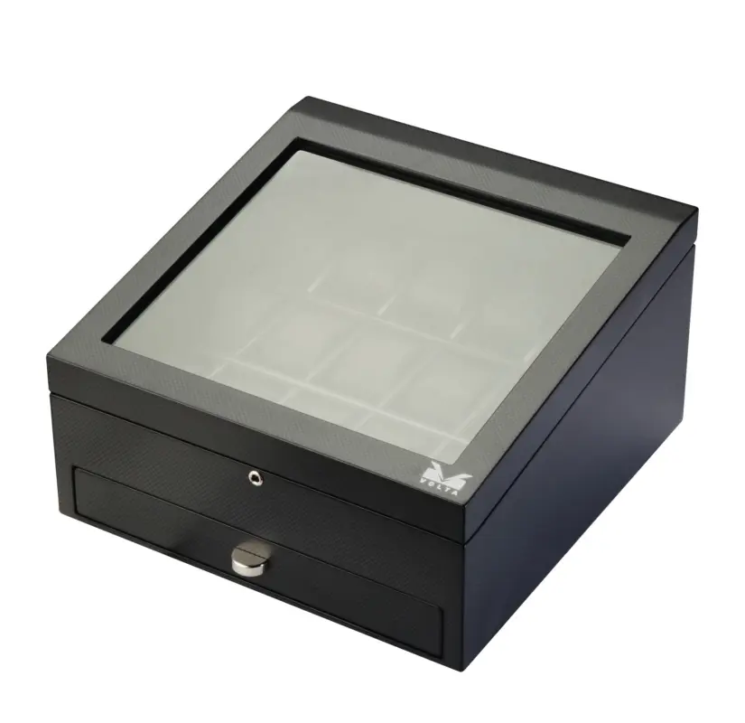 volta 15 piece watch box carbon fiber with additional storage and see through top 0 Watch Winders, Watch Boxes & Watch Safes Volta 15 Piece Watch Box Carbon Fiber with Additional Storage and See Through Top
