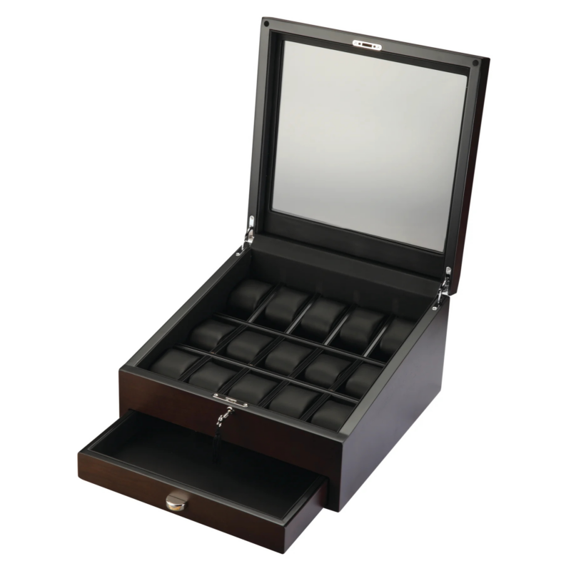 volta 15 piece watch box rustic brown with additional storage and see through top 0 Watch Winders, Watch Boxes & Watch Safes Volta 15 Piece Watch Box Rustic Brown with Additional Storage and See Through Top