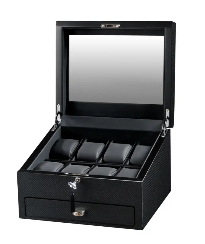 volta 8 piece watch box carbon fiber with additional storage and see through top 0 Watch Winders, Watch Boxes & Watch Safes Volta 8 Piece Watch Box Carbon Fiber with Additional Storage and See Through Top